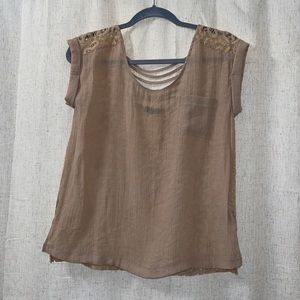 Tan blouse, sheer lace like back size large